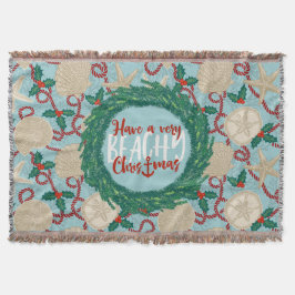 Christmas Coastal Tropical Sea Shell Wreath - Red スローブランケット