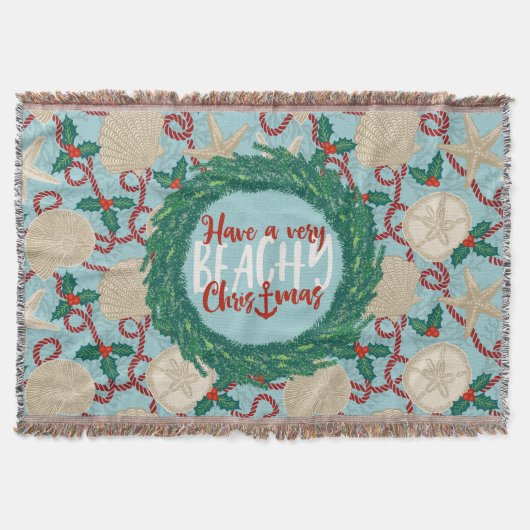 Christmas Coastal Tropical Sea Shell Wreath - Red スローブランケット (正面)