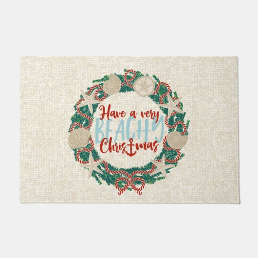 Christmas Coastal Tropical Sea Shell Wreath -Red ドアマット (正面)