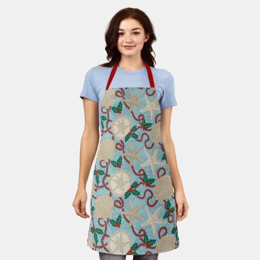 Christmas Coastal Tropical Sea Shells -Red エプロン (着用した状態)