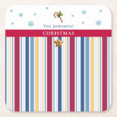 Christmas Coasters – Blue, Red & Gold Stripes スクエアペーパーコースター (正面)