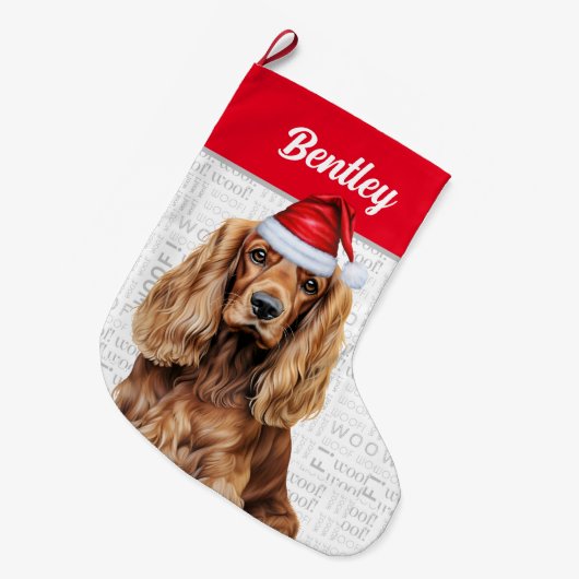 Christmas Cocker Spaniel with Dog's Name ラージクリスマスストッキング (正面 (吊り時))