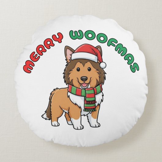 Christmas Collie Round Pillow: Merry Woofmas ラウンドクッション (正面)