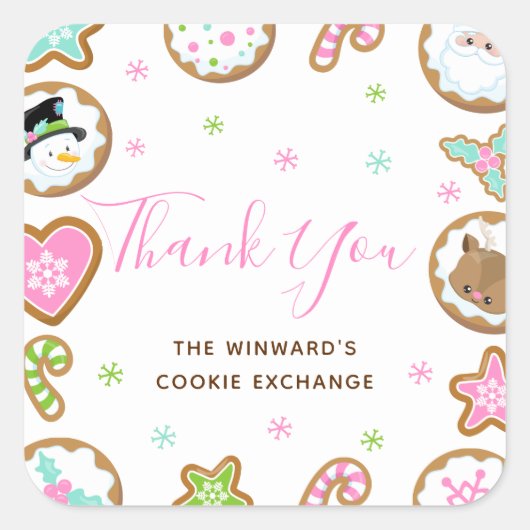 Christmas Cookie Exchange Party Pink Thank You スクエアシール (正面)
