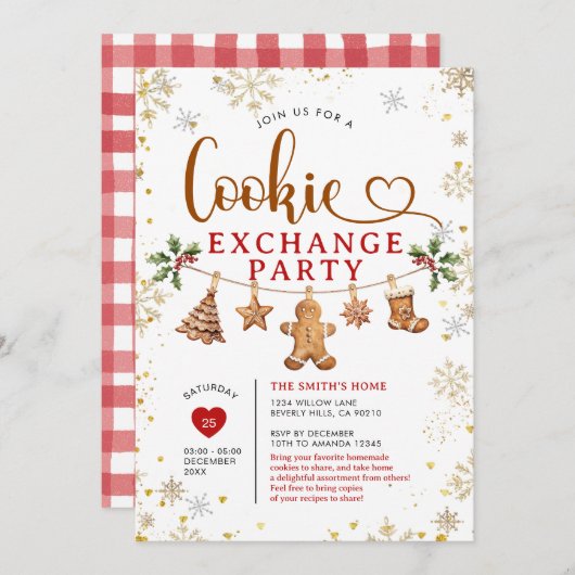 Christmas Cookie Exchange Party Winter Snowflakes 招待状 (正面/裏面)