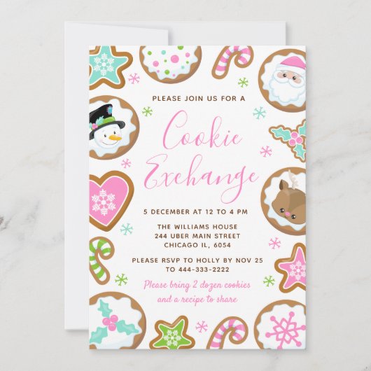 Christmas Cookie Exchange Pink and Green 招待状 (正面)