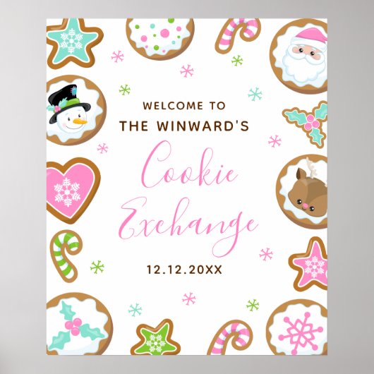 Christmas Cookie Exchange Pink Green Welcome Sign ポスター (正面)