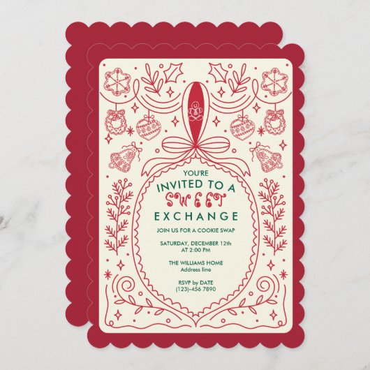 Christmas Cookie Swap Bow Cookies Decorating Party 招待状 (正面/裏面)