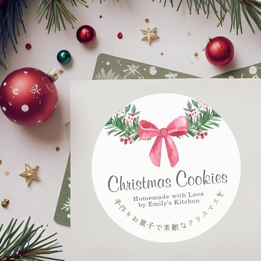 Christmas Cookie Watercolor Red Bow Elegant ラウンドシール