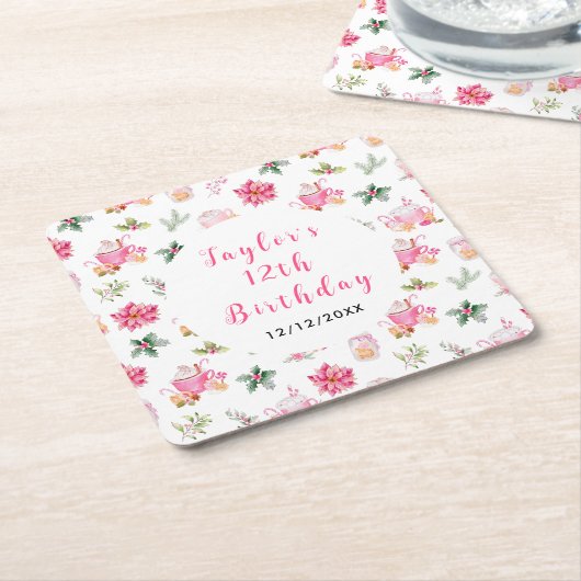 Christmas Cookies and Cocoa Birthday Party Pink スクエアペーパーコースター (アングル)