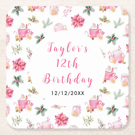 Christmas Cookies and Cocoa Birthday Party Pink スクエアペーパーコースター (正面)
