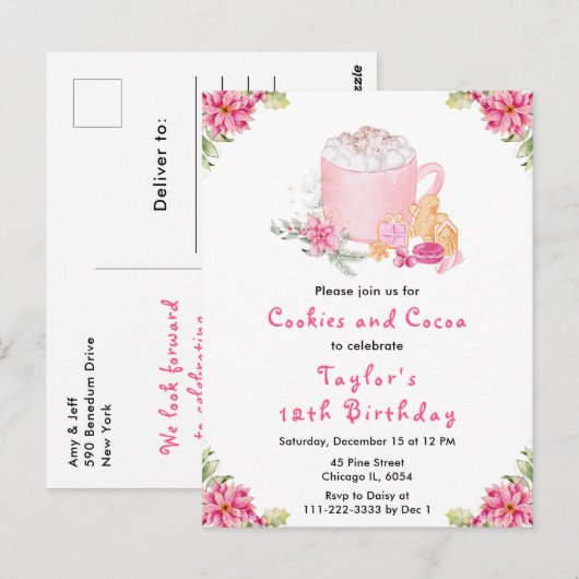 Christmas Cookies and Cocoa Birthday Party Pink ポストカード (正面/裏面)