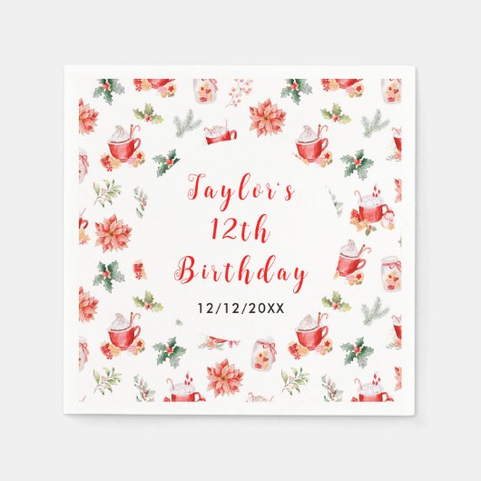 Christmas Cookies and Cocoa Birthday Party Red スタンダードカクテルナプキン (正面)
