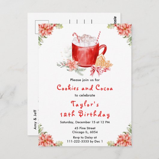 Christmas Cookies and Cocoa Birthday Party Red ポストカード (正面/裏面)