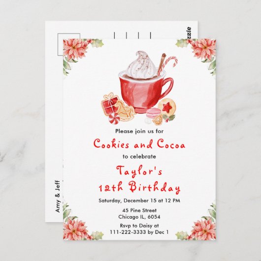 Christmas Cookies and Cocoa Birthday Party Red ポストカード (正面/裏面)
