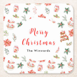 Christmas Cookies and Foliage Red スクエアペーパーコースター