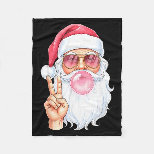 Christmas Cool Santa Bubble Gum Peace Sign Retro S フリースブランケット (正面)