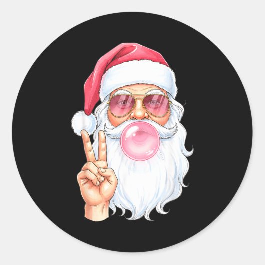 Christmas Cool Santa Bubble Gum Peace Sign Retro S ラウンドシール (正面)