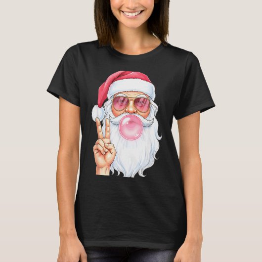Christmas Cool Santa Bubble Gum Peace Sign Retro S Tシャツ (正面)