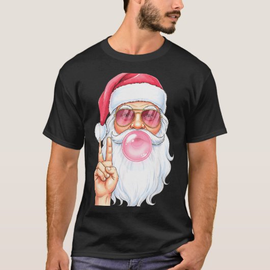 Christmas Cool Santa Bubble Gum Peace Sign Retro S Tシャツ (正面)
