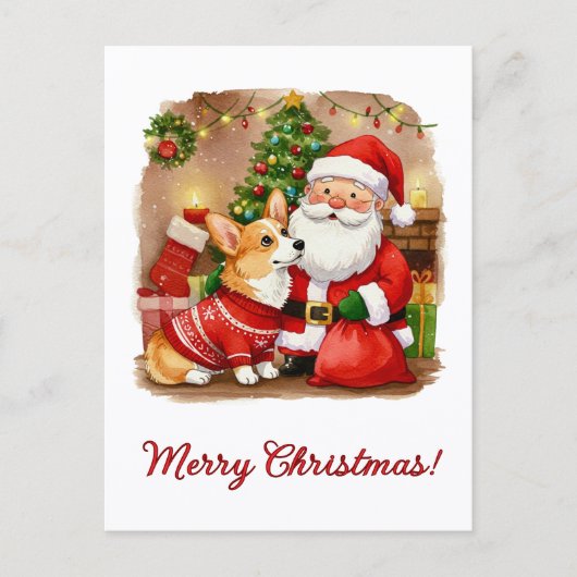 Christmas Corgi and Santa Postcard ポストカード (正面)