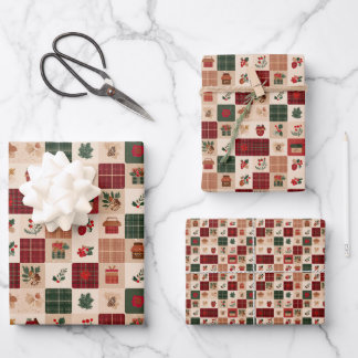 Christmas Cottagecore Plaid Gifts and Botanicals ラッピングペーパーシート