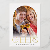 CHRISTMAS COUPLE モダンアーチ 写真 CHEERS オーバーレイ 箔招待状 (正面)