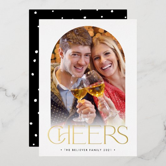 CHRISTMAS COUPLE モダンアーチ 写真 CHEERS オーバーレイ 箔招待状 (正面/裏面)
