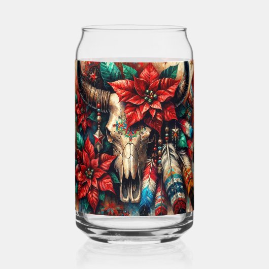 Christmas Cow Bull Skull Poinsettias Feathers ガラス缶 (正面)