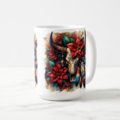 Christmas Cow Bull Skull Poinsettias Feathers コーヒーマグカップ (正面右)