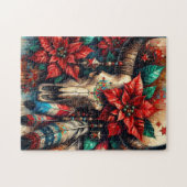 Christmas Cow Bull Skull Poinsettias Feathers ジグソーパズル (横)