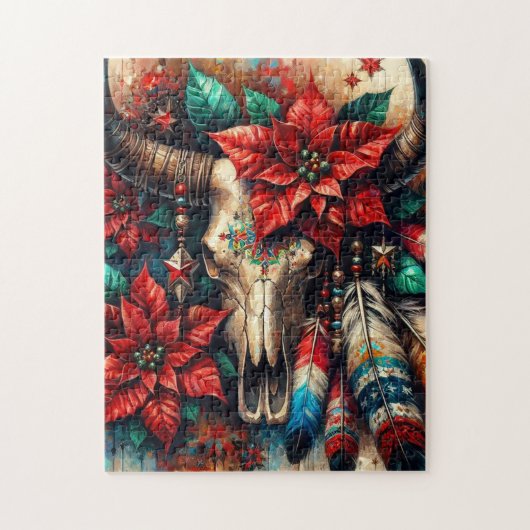 Christmas Cow Bull Skull Poinsettias Feathers ジグソーパズル (縦)