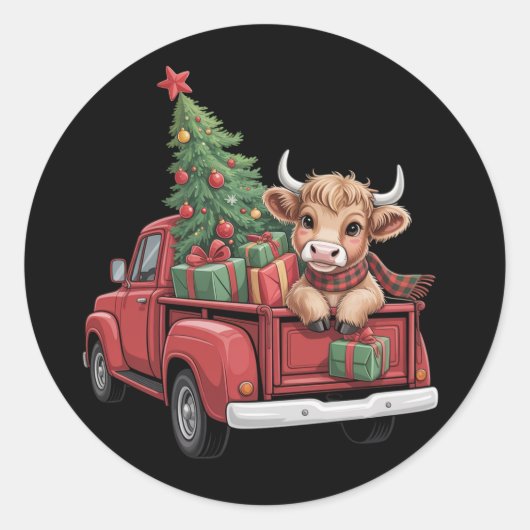 Christmas Cow  Highland Cow in Truck Farm Xmas  ラウンドシール (正面)