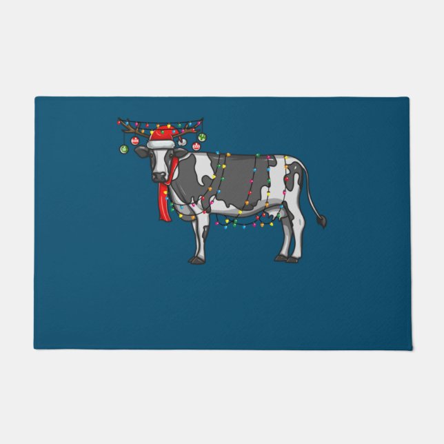 Christmas Cow Holiday Lights With Antlers And Orna ドアマット (正面)