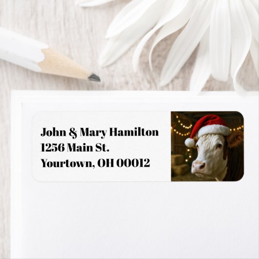 Christmas Cow Wearing a Santa Hat ラベル (インサイチュ)