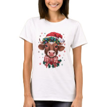 Christmas Cow with Santa Hat and Festive Lights
