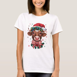 Christmas Cow with Santa Hat and Festive Lights Tシャツ
