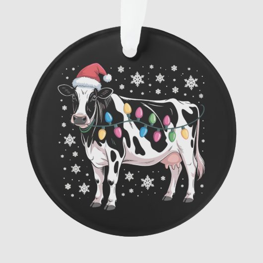 Christmas Cow Xmas Lights Santa Hat Farm Holiday オーナメント (正面)