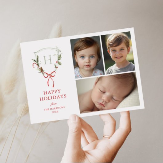 Christmas Crest Red Bow Photo シーズンカード