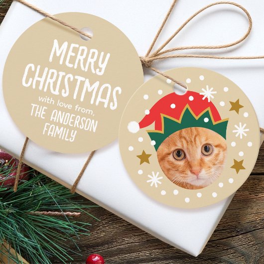 Christmas Custom Photo Name Funny Elf Beige Gift フェイバータグ
