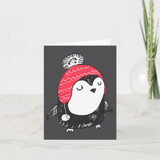 Christmas Cute Baby Penguin Wearing Winter Hat W_e カード (正面)