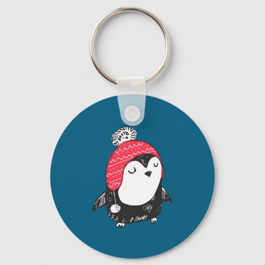 Christmas Cute Baby Penguin Wearing Winter Hat W_e キーホルダー (正面)