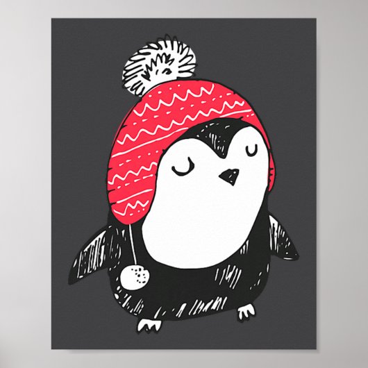 Christmas Cute Baby Penguin Wearing Winter Hat W_e ポスター (正面)