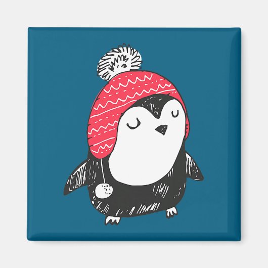 Christmas Cute Baby Penguin Wearing Winter Hat W_e マグネット (正面)