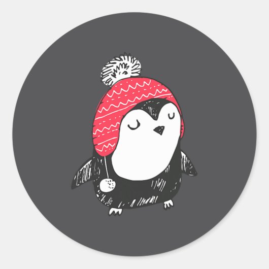 Christmas Cute Baby Penguin Wearing Winter Hat W_e ラウンドシール (正面)