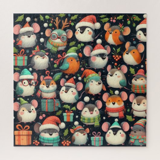 Christmas Cute colorful Mice, gifts and Robins ジグソーパズル (縦)