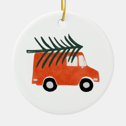 Christmas Cute Red Pickup with Tree セラミックオーナメント (正面)