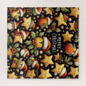 Christmas cute Robins and Golden stars ジグソーパズル (横)