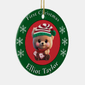 Christmas cute teddy bear cub red green lights  セラミックオーナメント (右)