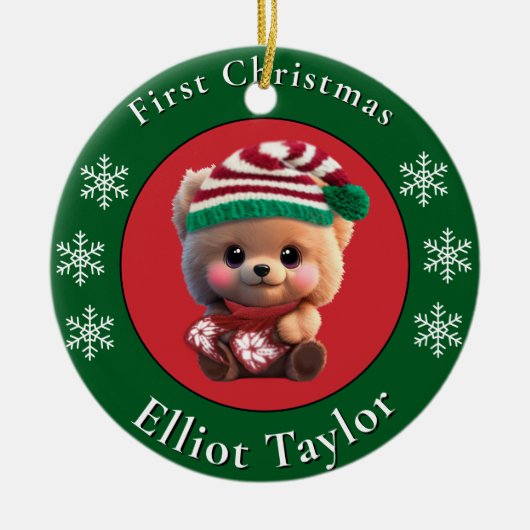 Christmas cute teddy bear cub red green lights  セラミックオーナメント (正面)